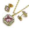 Oro Laminado Earring and Pendant Adult Set, Gold Filled Style with Pink and White Cubic Zirconia, Polished, Golden Finish, 10.196.0088