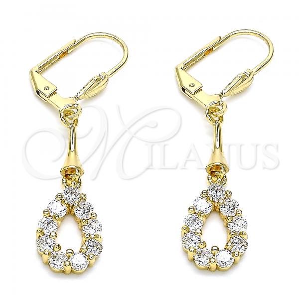Oro Laminado Long Earring, Gold Filled Style Teardrop Design, with White Cubic Zirconia, Polished, Golden Finish, 02.387.0047