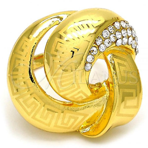 Oro Laminado Multi Stone Ring, Gold Filled Style Greek Key and Bee Design, with White Crystal, Polished, Golden Finish, 01.241.0004.08 (Size 8)