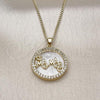 Oro Laminado Pendant Necklace, Gold Filled Style Mom and Heart Design, with Ivory Mother of Pearl and White Cubic Zirconia, Polished, Golden Finish, 04.423.0003.18