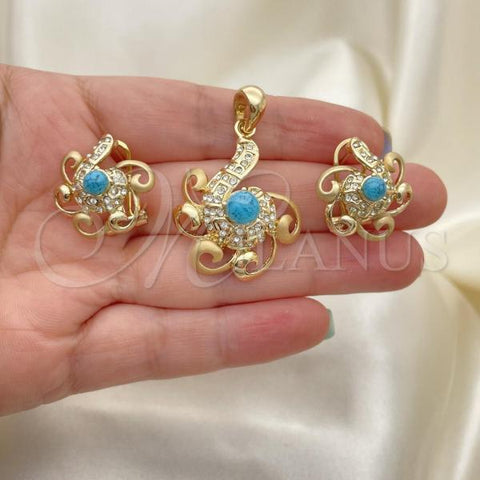 Oro Laminado Earring and Pendant Adult Set, Gold Filled Style Ball Design, with Blue Topaz Opal and White Crystal, Matte Finish, Golden Finish, 10.91.0290