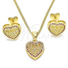 Oro Laminado Earring and Pendant Adult Set, Gold Filled Style Heart Design, with Ruby Micro Pave, Polished, Golden Finish, 10.156.0268.1