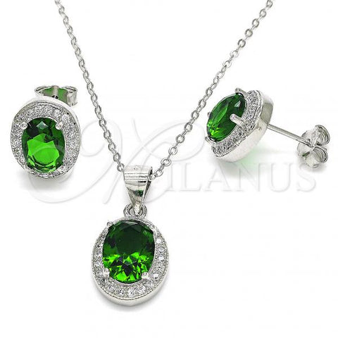Sterling Silver Earring and Pendant Adult Set, with Green Cubic Zirconia and White Micro Pave, Polished, Rhodium Finish, 10.175.0077.3