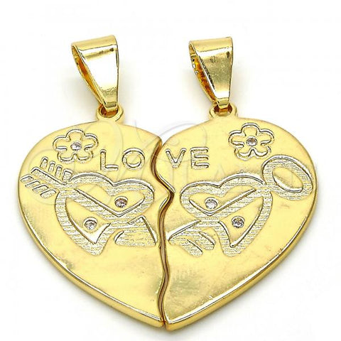 Oro Laminado Fancy Pendant, Gold Filled Style Heart and Love Design, with White Cubic Zirconia, Polished, Golden Finish, 05.179.0061