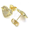 Oro Laminado Stud Earring, Gold Filled Style Heart Design, with White Micro Pave, Polished, Golden Finish, 02.156.0487