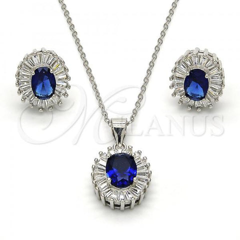 Sterling Silver Earring and Pendant Adult Set, with Sapphire Blue and White Cubic Zirconia, Polished, Rhodium Finish, 10.286.0027