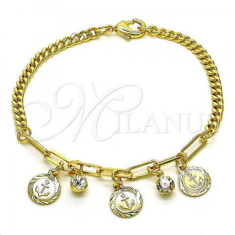 Oro Laminado Charm Bracelet, Gold Filled Style Anchor and Paperclip Design, with White Crystal, Polished, Golden Finish, 03.63.2239.07
