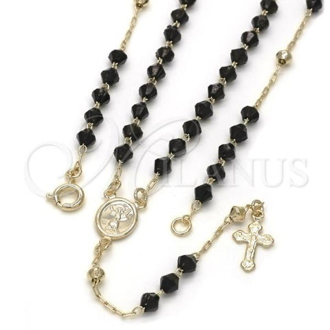 Oro Laminado Thin Rosary, Gold Filled Style Divino Niño and Crucifix Design, with Black Azavache, Polished, Golden Finish, 09.09.0002.18