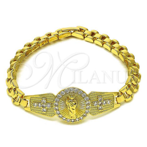 Oro Laminado Solid Bracelet, Gold Filled Style San Judas and Cross Design, with White Cubic Zirconia, Polished, Golden Finish, 03.411.0005.1.08