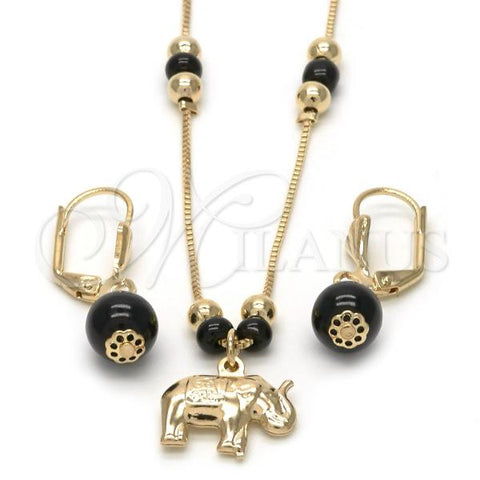 Oro Laminado Earring and Pendant Adult Set, Gold Filled Style Elephant and Rat Tail Design, with Black Azavache, Polished, Golden Finish, 10.32.0013.18