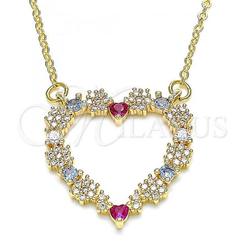 Oro Laminado Pendant Necklace, Gold Filled Style Heart Design, with White Micro Pave and Multicolor Cubic Zirconia, Polished, Golden Finish, 04.156.0284.18