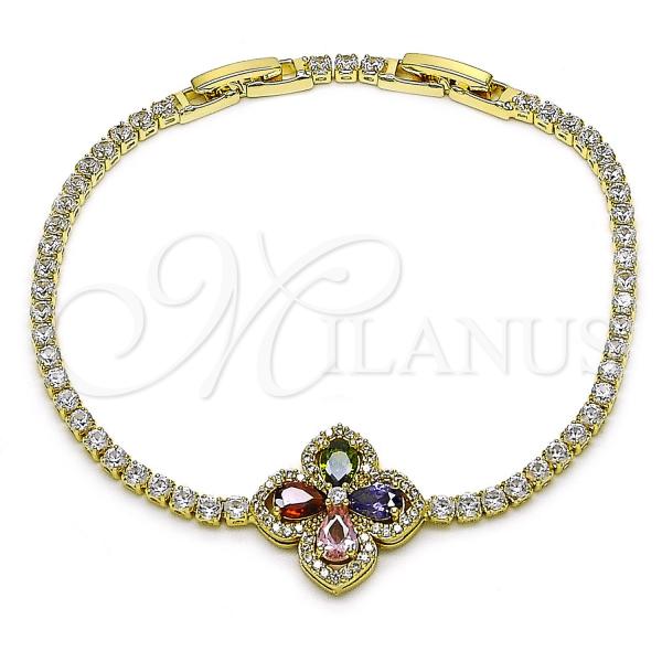 Oro Laminado Tennis Bracelet, Gold Filled Style Four-leaf Clover Design, with Multicolor and White Cubic Zirconia, Polished, Golden Finish, 03.284.0038.2.08