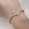 Oro Laminado Fancy Bracelet, Gold Filled Style Butterfly and Heart Design, with White Micro Pave, Polished, Golden Finish, 03.283.0325.07