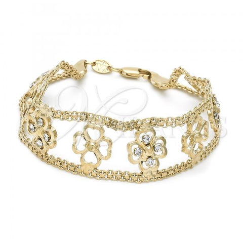 Oro Laminado Fancy Bracelet, Gold Filled Style Flower Design, with White Crystal, Polished, Golden Finish, 25.003