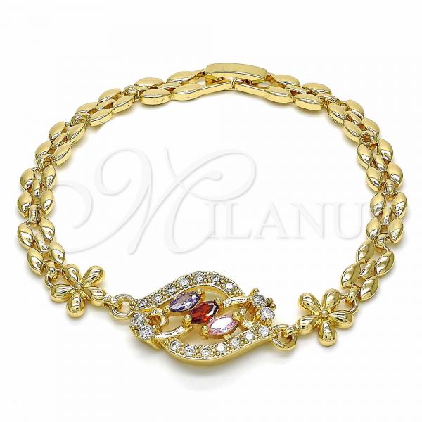 Oro Laminado Fancy Bracelet, Gold Filled Style Flower Design, with Multicolor Cubic Zirconia, Polished, Golden Finish, 03.357.0008.1.07