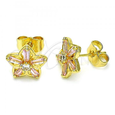 Oro Laminado Stud Earring, Gold Filled Style Flower Design, with Pink and White Cubic Zirconia, Polished, Golden Finish, 02.210.0250.4