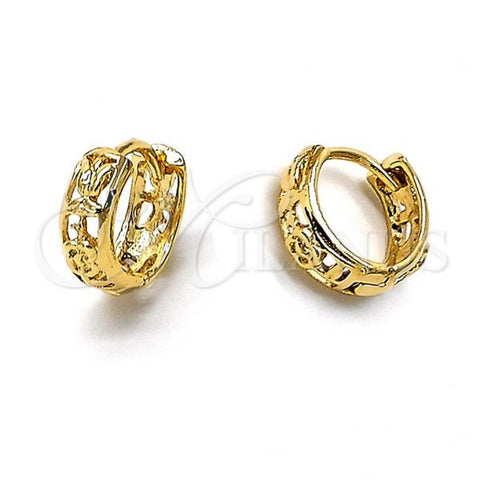 Oro Laminado Huggie Hoop, Gold Filled Style Filigree and Flower Design, Golden Finish, 5.133.006