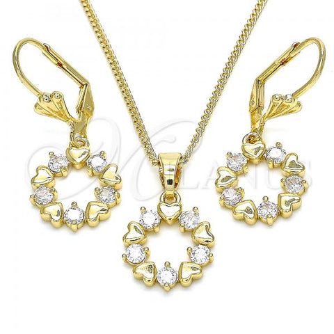 Oro Laminado Earring and Pendant Adult Set, Gold Filled Style Heart Design, with White Cubic Zirconia, Polished, Golden Finish, 10.210.0158