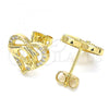 Oro Laminado Stud Earring, Gold Filled Style Heart and Hand Design, with White Micro Pave, Polished, Golden Finish, 02.156.0390