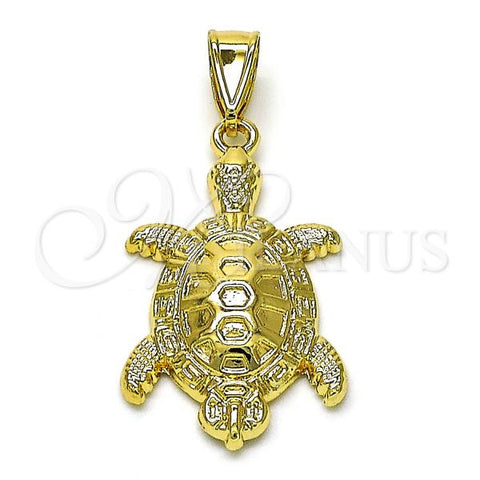 Oro Laminado Fancy Pendant, Gold Filled Style Turtle and Greek Key Design, Diamond Cutting Finish, Golden Finish, 05.196.0003