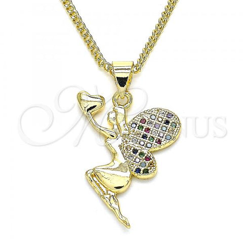 Oro Laminado Pendant Necklace, Gold Filled Style Angel and Heart Design, with Multicolor Micro Pave, Polished, Golden Finish, 04.344.0028.2.20