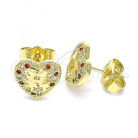 Oro Laminado Stud Earring, Gold Filled Style Heart Design, with Garnet and White Micro Pave, Polished, Golden Finish, 02.199.0034.1