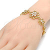 Oro Laminado Fancy Bracelet, Gold Filled Style Flower and Heart Design, with White Cubic Zirconia, Polished, Golden Finish, 03.206.0038.07