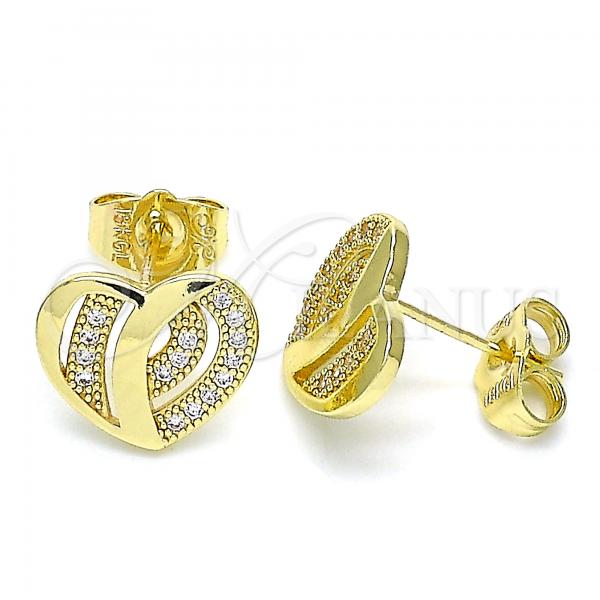 Oro Laminado Stud Earring, Gold Filled Style Heart Design, with White Micro Pave, Polished, Golden Finish, 02.199.0033