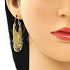 Oro Laminado Long Earring, Gold Filled Style Guadalupe and Evil Eye Design, Multicolor Resin Finish, Golden Finish, 02.380.0056
