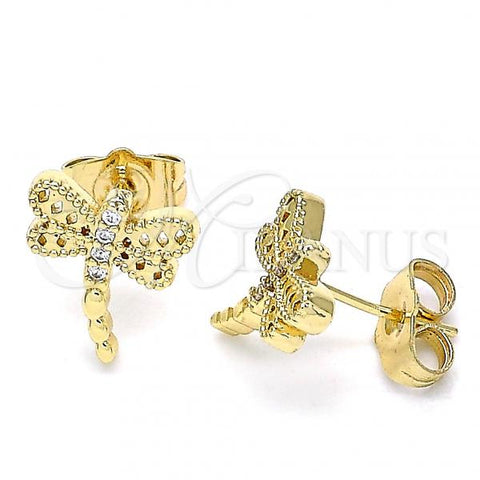 Oro Laminado Stud Earring, Gold Filled Style Dragon-Fly Design, with White Micro Pave, Polished, Golden Finish, 02.210.0465