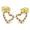 Oro Laminado Stud Earring, Gold Filled Style Heart Design, with Garnet and White Micro Pave, Polished, Golden Finish, 02.156.0494.1