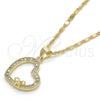 Oro Laminado Pendant Necklace, Gold Filled Style Heart Design, with White Micro Pave, Polished, Golden Finish, 04.195.0026.18