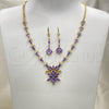 Oro Laminado Necklace and Earring, Gold Filled Style Teardrop Design, with Amethyst and White Cubic Zirconia, Polished, Golden Finish, 06.236.0005.1