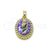 Oro Laminado Religious Pendant, Gold Filled Style San Judas Design, with White Cubic Zirconia, Purple Enamel Finish, Two Tone, 05.284.0017.4