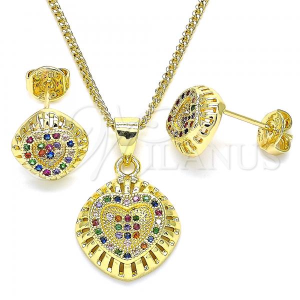 Oro Laminado Earring and Pendant Adult Set, Gold Filled Style Heart Design, with Multicolor Micro Pave, Polished, Golden Finish, 10.156.0170.4