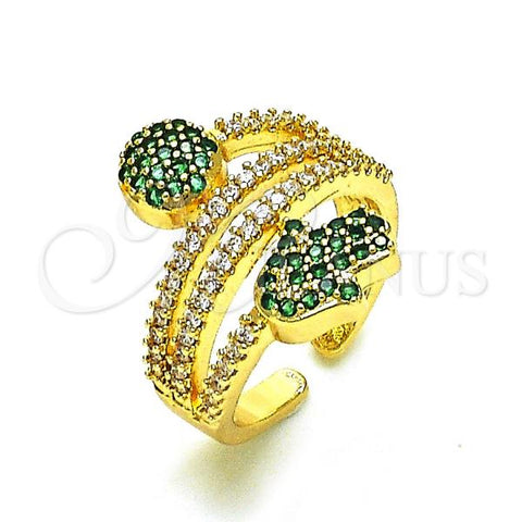 Oro Laminado Multi Stone Ring, Gold Filled Style Hand of God Design, with Green and White Micro Pave, Polished, Golden Finish, 01.284.0088.2