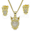 Oro Laminado Earring and Pendant Adult Set, Gold Filled Style Owl Design, with White Micro Pave, Polished, Golden Finish, 10.156.0340