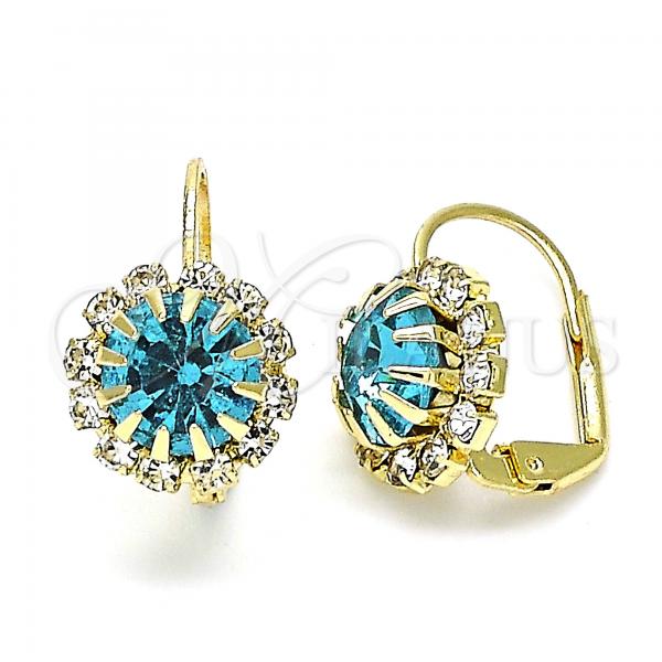 Oro Laminado Leverback Earring, Gold Filled Style Flower Design, with Aquamarine and White Cubic Zirconia, Polished, Golden Finish, 5.125.009