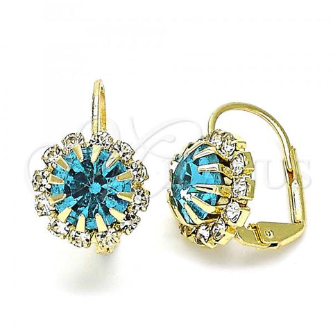 Oro Laminado Leverback Earring, Gold Filled Style Flower Design, with Aquamarine and White Cubic Zirconia, Polished, Golden Finish, 5.125.009
