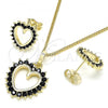 Oro Laminado Earring and Pendant Adult Set, Gold Filled Style Heart Design, with Black Cubic Zirconia, Polished, Golden Finish, 10.284.0009.2