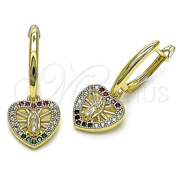 Oro Laminado Dangle Earring, Gold Filled Style Heart and Guadalupe Design, with Multicolor Cubic Zirconia, Polished, Golden Finish, 02.253.0089