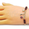 Oro Laminado Charm Bracelet, Gold Filled Style Feet and Evil Eye Design, with Black and Garnet Crystal, Polished, Golden Finish, 03.213.0226.08