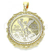 Oro Laminado Religious Pendant, Gold Filled Style Centenario Coin and Angel Design, with White Cubic Zirconia, Polished, Golden Finish, 05.213.0070