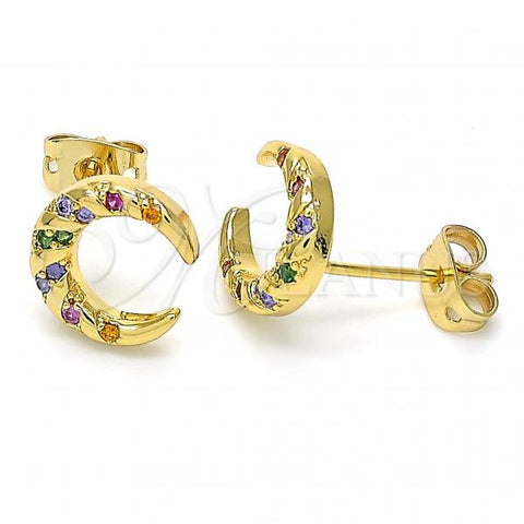 Oro Laminado Stud Earring, Gold Filled Style Moon Design, with Multicolor Cubic Zirconia, Polished, Golden Finish, 02.342.0064