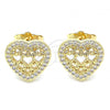 Oro Laminado Stud Earring, Gold Filled Style Heart Design, with White Micro Pave, Polished, Golden Finish, 02.156.0502