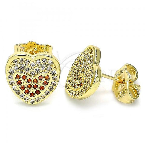 Oro Laminado Stud Earring, Gold Filled Style Heart Design, with Garnet and White Micro Pave, Polished, Golden Finish, 02.156.0508.1