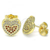 Oro Laminado Stud Earring, Gold Filled Style Heart Design, with Garnet and White Micro Pave, Polished, Golden Finish, 02.156.0508.1