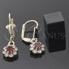 Oro Laminado Dangle Earring, Gold Filled Style Flower Design, with White and Garnet Cubic Zirconia, Golden Finish, 5.125.019