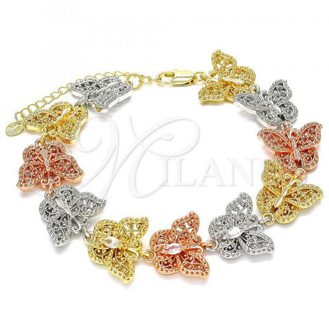 Oro Laminado Fancy Bracelet, Gold Filled Style Butterfly Design, with White Crystal, Polished, Tricolor, 03.380.0006.08