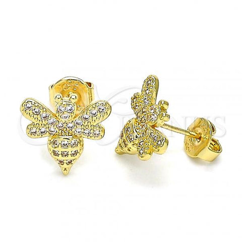 Oro Laminado Stud Earring, Gold Filled Style Bee Design, with White Micro Pave, Polished, Golden Finish, 02.156.0616
